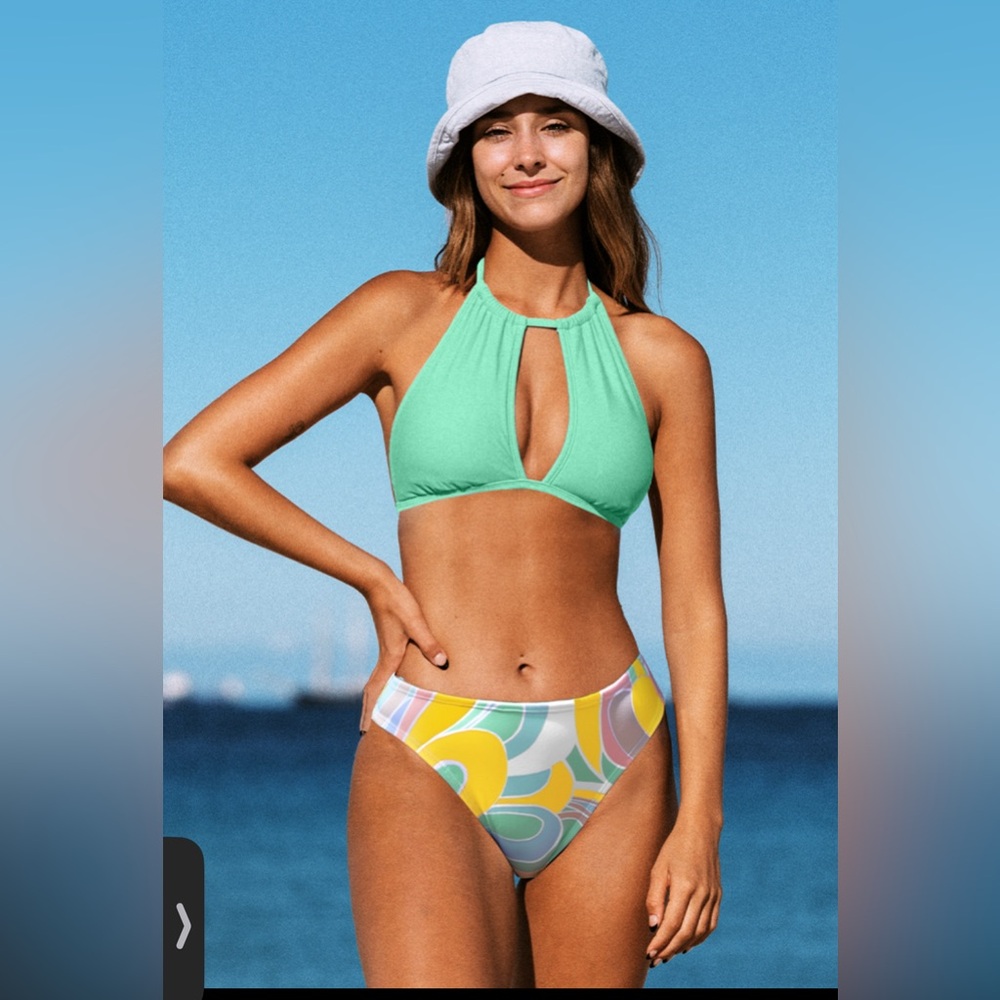 Mint Green Halter Bikini Top with Colorful Patterned Bottom CUPSHE NWT M
